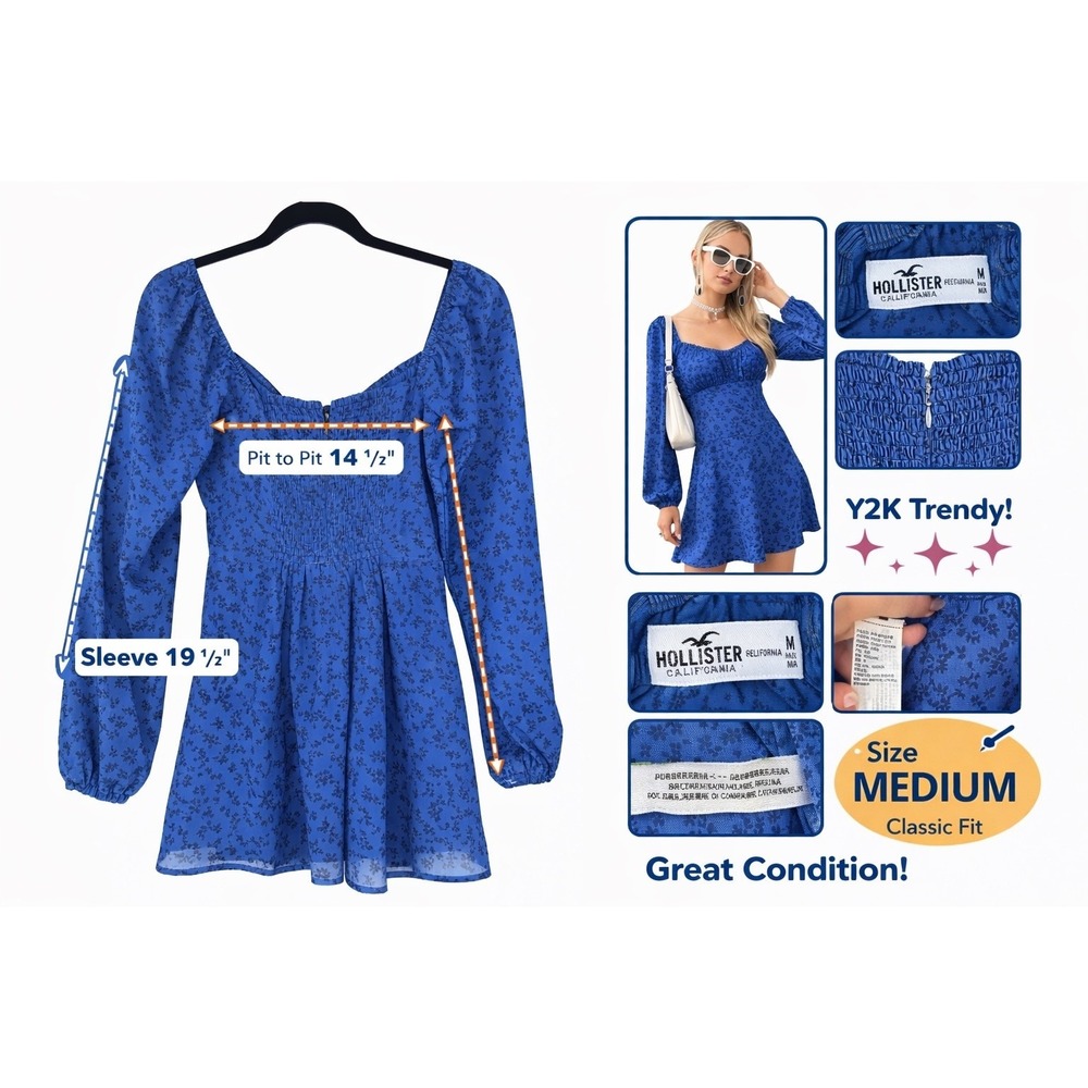 Hollister Blue Floral Mini Dress Medium Smocked Babydoll Puff Sleeve Y2K - Picture 5 of 11